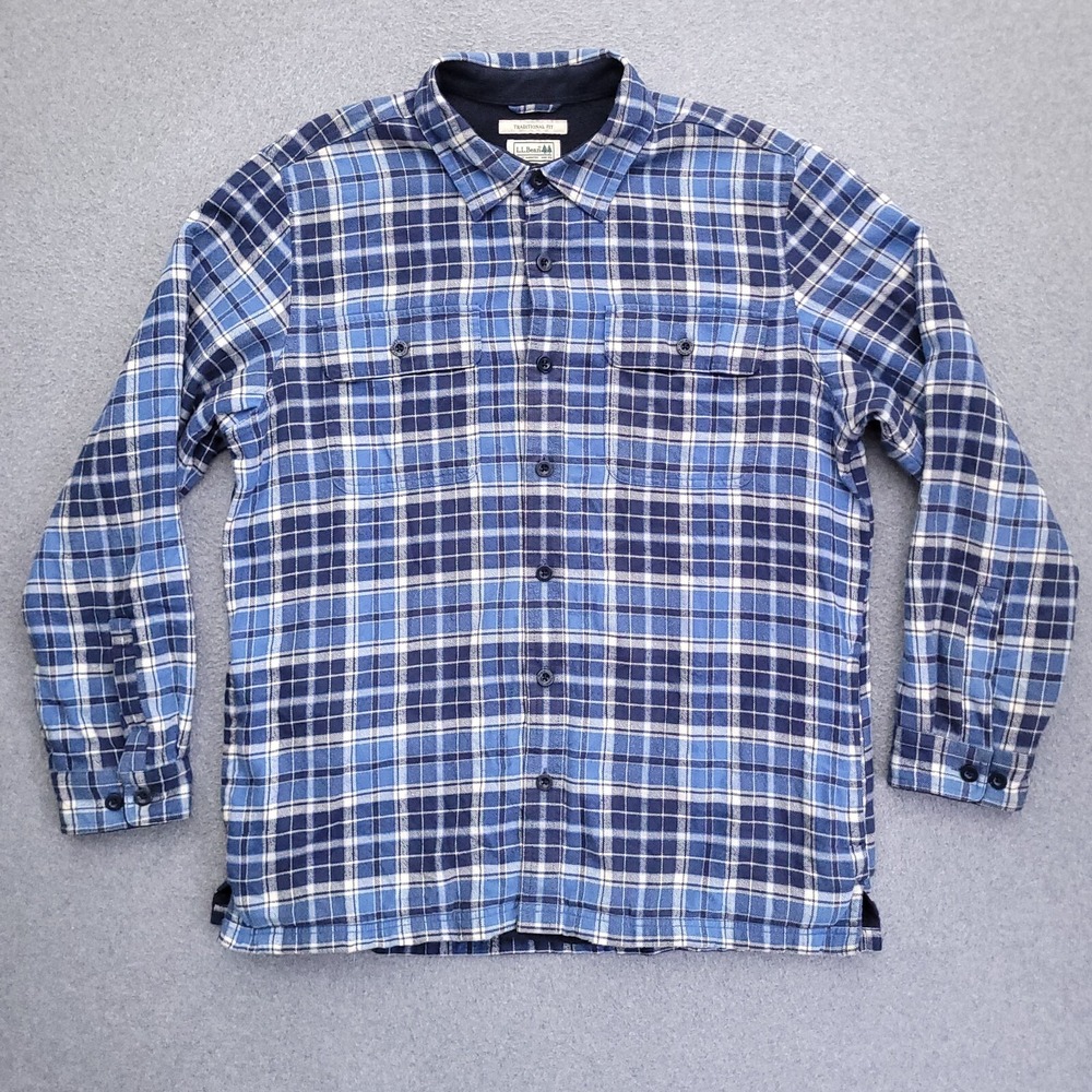LL Bean Shirt Jacket Mens M Blue Plaid Fleece Lined Flannel Shacket 270133
